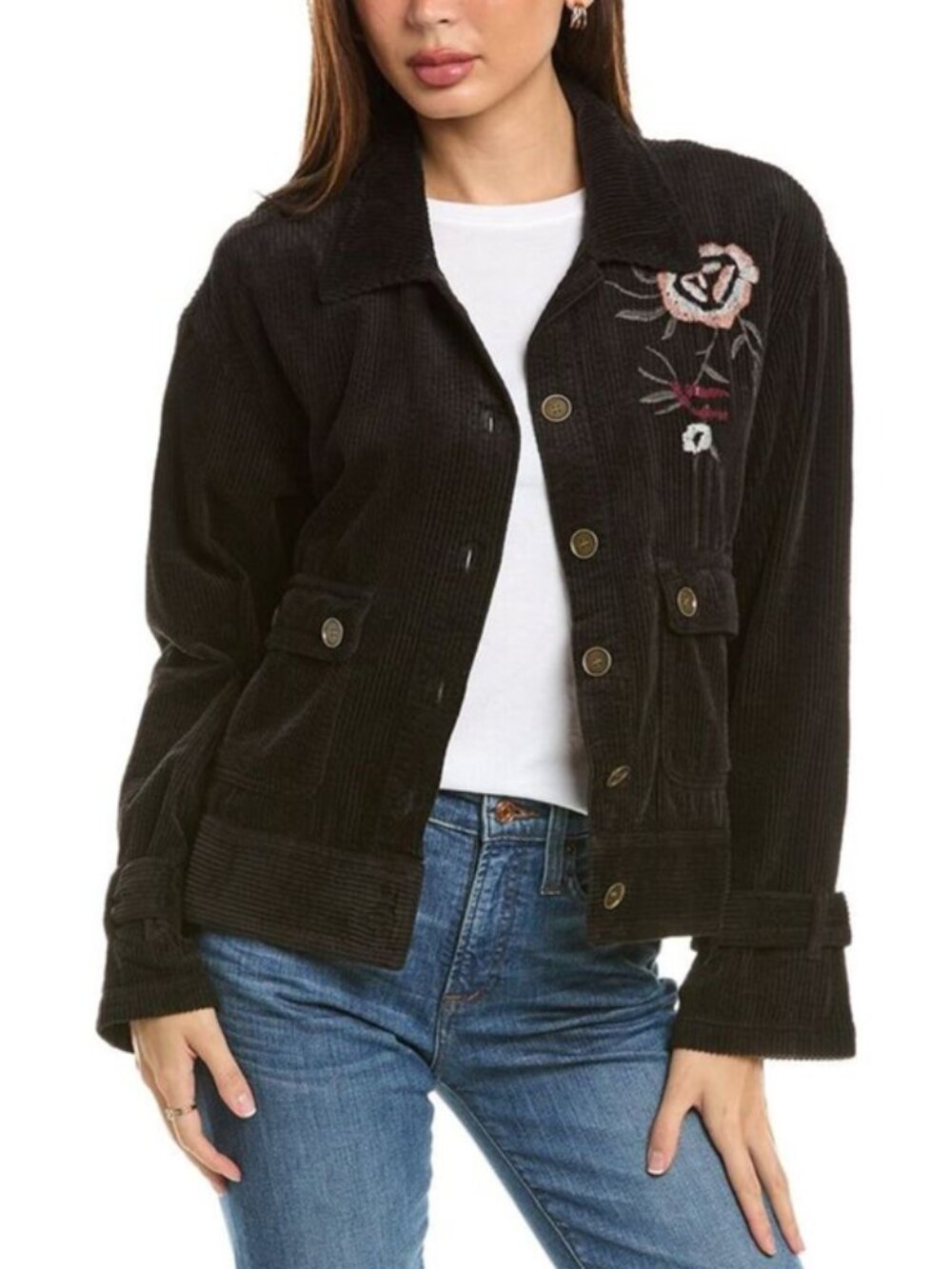 XCVI Women's Elki Relaxed Corduroy Embroidered Jacket Black Size XS